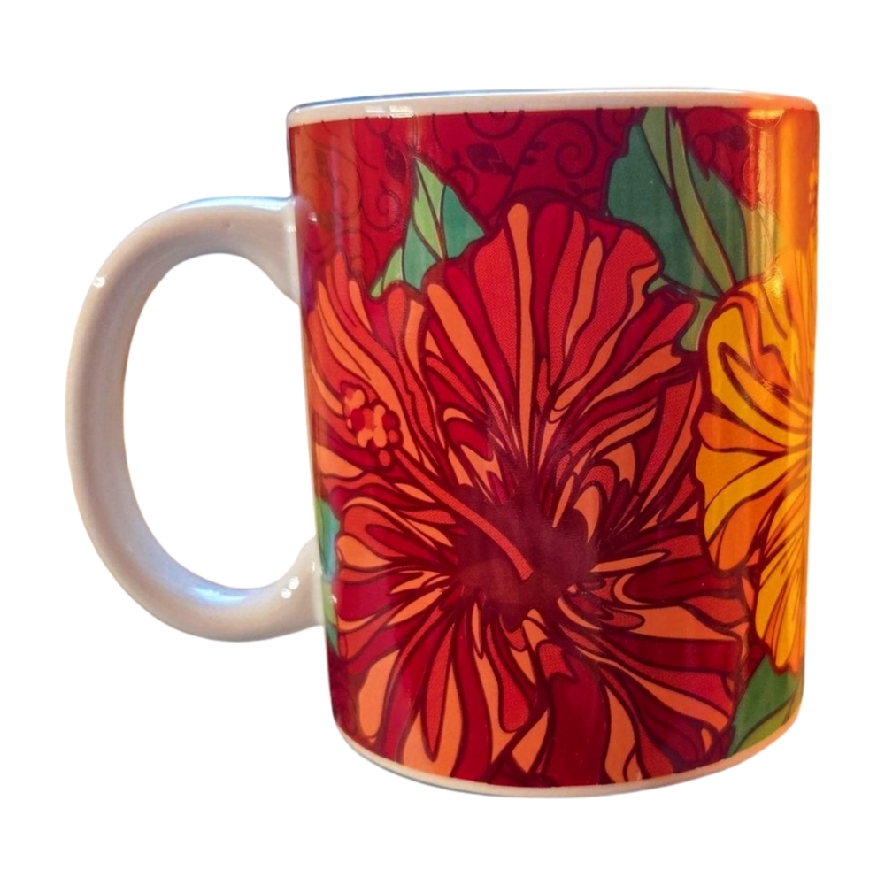 Floral Mug with Gift Box Hibiscus Modern Design Orange Red Yellow